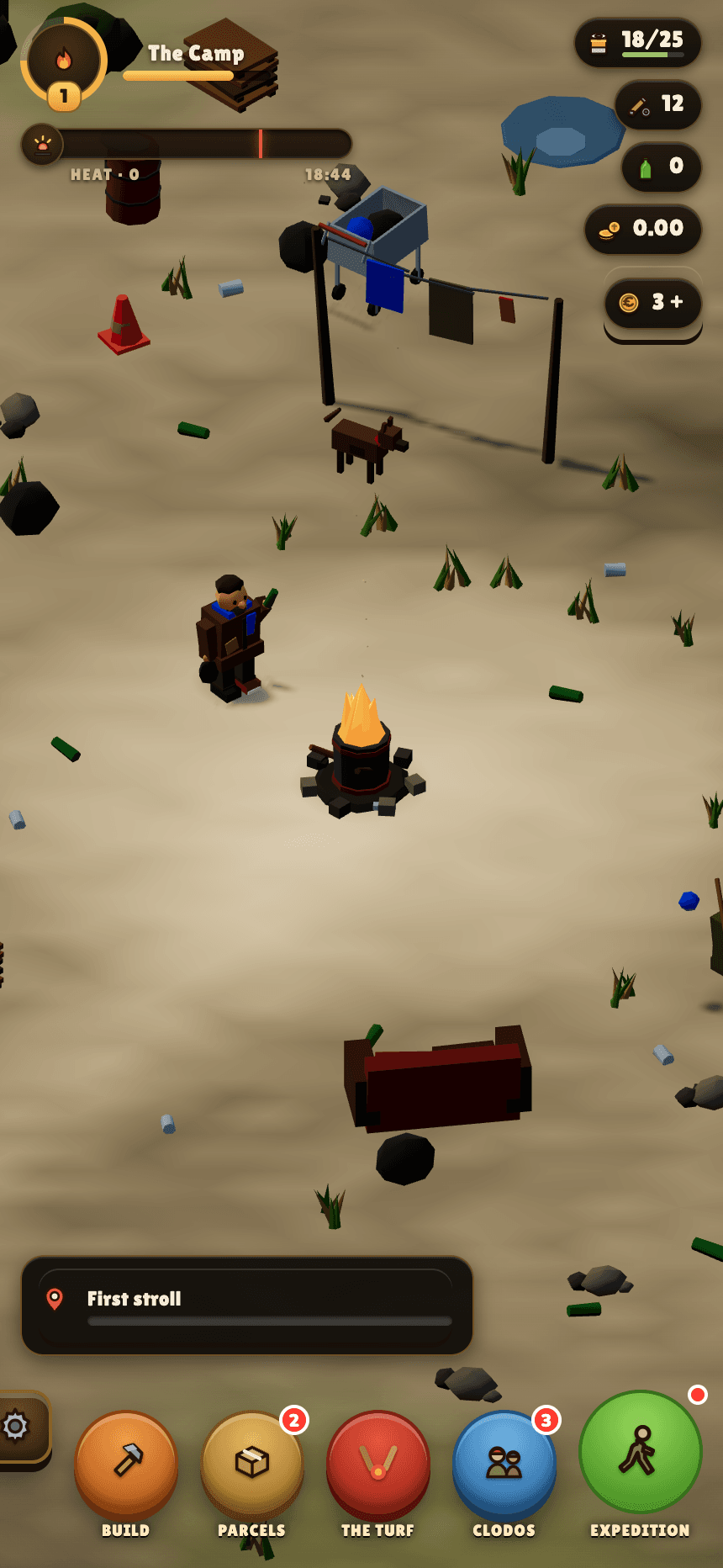 The camp on device in daylight — barrel fire, laundry line, the dog, and the five big HUD buttons