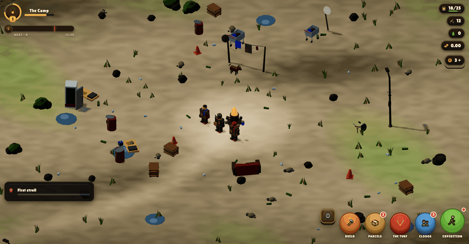 The same camp in daylight — scrap, laundry line, the dog, and eighteen slots of dirt