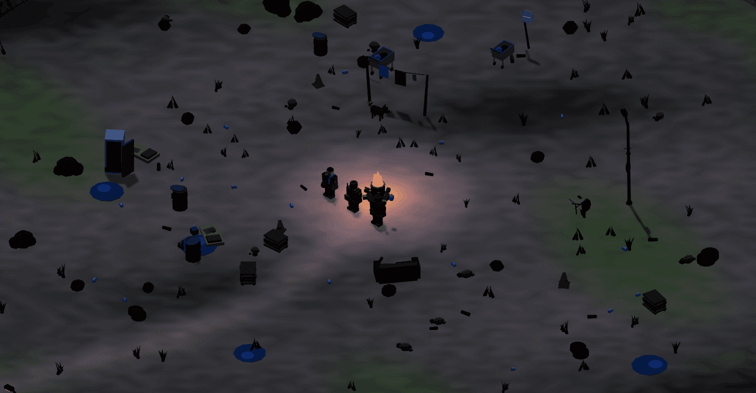 The Bouse-Town camp at night — three clodos around a barrel fire in the middle of a dark wasteland