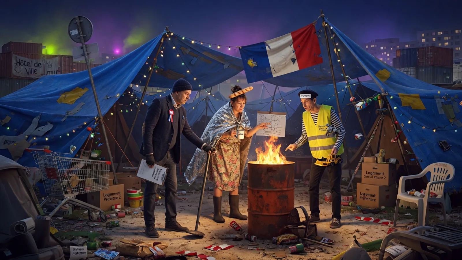 Night camp around a barrel fire under patched tarps