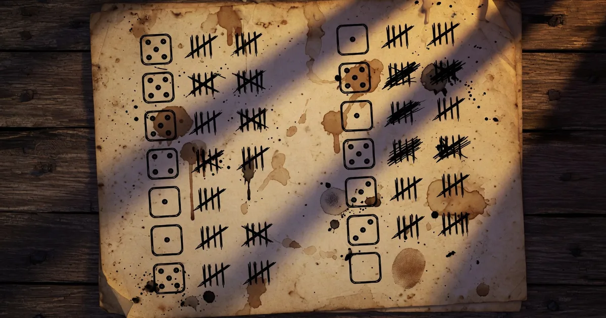 A camp ledger with two separate dice queues drawn side by side