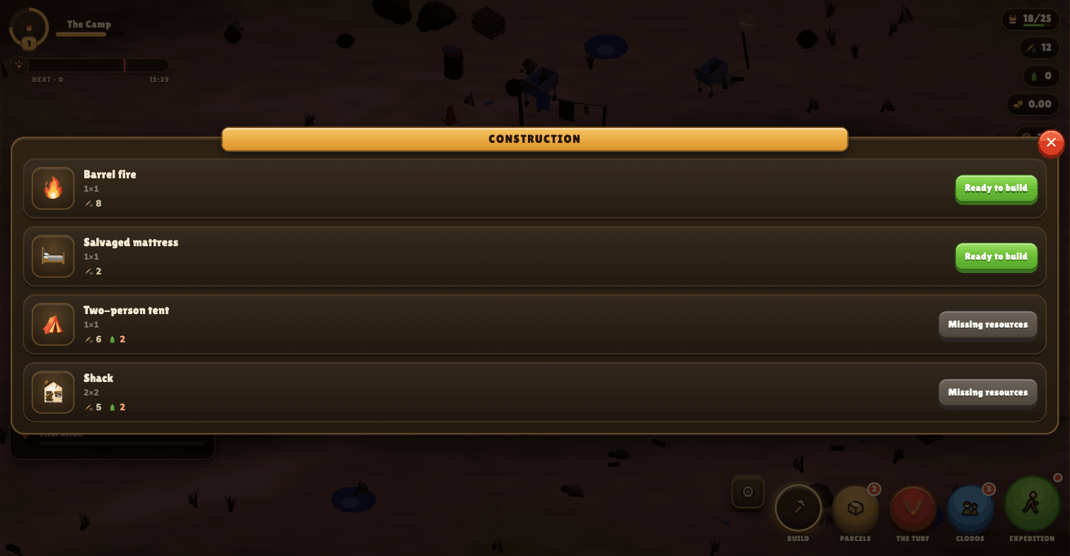 Bouse-Town construction menu showing current camp structures and the space available for building.