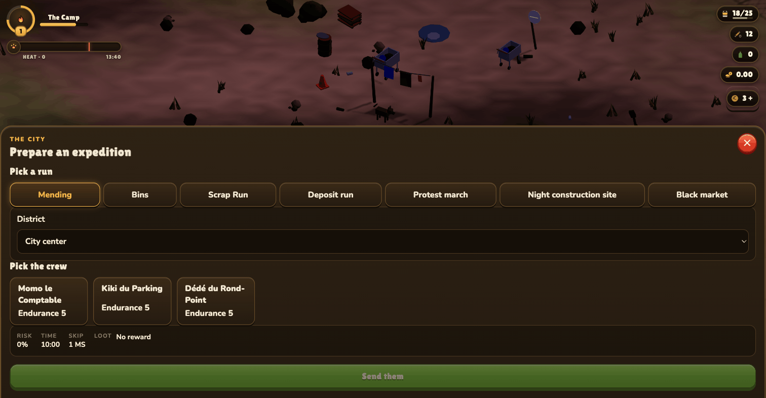 Bouse-Town expeditions screen with crew, timer and risk context.